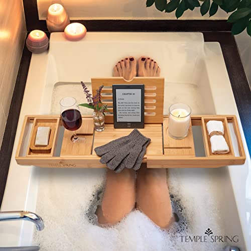 Temple Spring Bamboo Bathtub Tray Caddy for Tub — Expandable Wood Bath Tray with Solid Book Stand Wine Holder and Non-Slip Pads — Includes Bamboo Soap Dish and Spa Accessories — Luxury Bath Gift Set - color: Natural