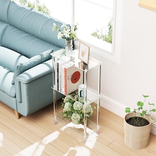 Clear Acrylic Narrow Side Table Set of 2 for Small Spaces, 15.75" L x 7.87" W x 26.7" H, 3 Tier Rectangle Slim End Table Nightstand, Small Mini Skinny Bedside Table for Bedroom, Living Room - size: 3 Tier 2-Pack 26.7“H