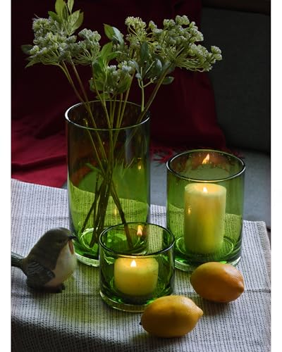 ARIAMOTION Hurricane Candle Holders Set 3, Spring Green Glass with Seeded Bubbles, Pillar Candle Holders Bulk,Cylinder Vase Centerpieces 10" 7" 4" Height