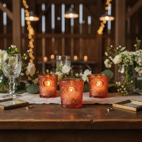 12 Pack Patented Sun Moon Star Embossed Glass Tea Light Candle Holders - Unique Votive Candle Holders for Wedding, Party, and Table Centerpieces (Pumpkin Spice) - color: Pumpkin Spice