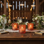 12 Pack Patented Sun Moon Star Embossed Glass Tea Light Candle Holders - Unique Votive Candle Holders for Wedding, Party, and Table Centerpieces (Pumpkin Spice) - color: Pumpkin Spice