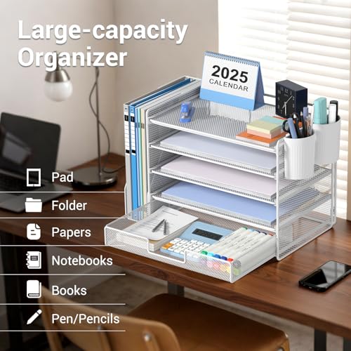 OPNICE Desk Organizer, 5-Tier Paper File Organizer with Drawer & Pen Holder, Office Desk Accessories, Workspace Desktop Organizer for Office Supplies(White) - color: White, size: 5-Tier