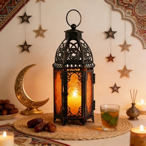 DECORKEY Moroccan Lanterns Decorative Indoor & Outdoor, 11’’ Medium Size Vintage Metal Hanging&Tabletop Candle Holder Decor, Halloween Christmas Ramadan Decorations for Home Porch Patio (Amber) - color: Amber - 11''h, size: Medium