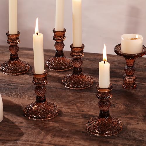 12Pcs Amber Candlestick Holders Set- 4" H Taper Candle Holders Bulk, Glass Candle Holders for Wedding, Party, Fall Dinner Table Centerpieces, Festival Gifts & Windowsill Decor - color: Amber Dimond Pattern