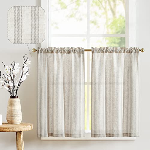 jinchan Gray Striped Linen Kitchen Curtains 24 Inch Cafe Tier Curtains Balanced Stripe Farmhouse Small Drapes for Bathroom Laundry Over Sink Half Window Light Filtering 2 Panels Grey on Linen - color: Striped Grey on Linen, size: 26"W x 24"L (Pack of 2)