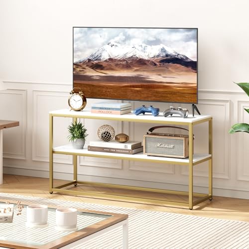 Function Home TV Stand for TVs up to 50 Inch, 2 Tier Entertainment Center, Modern TV Cabinet with Marble Top and Gold Metal Base, 42" Media Console Table with Storage for Living Room Bedroom - color: 42" Gold