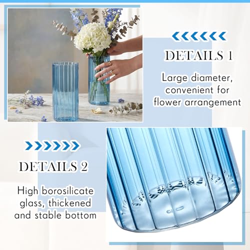6 Pcs 8 Inch Tall Glass Ribbed Cylinder Vases Clear Floating Candle Flower Vase in Bulk, Hurricane Candle Holder for Wedding Housewarming Gift Table Centerpieces(Blue) - color: Blue, size: 8 Inch