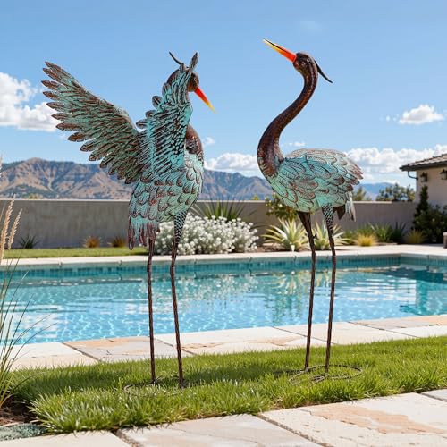 36.8" Extra-Large Blue Heron Decor, Handcrafted Metal Crane Statue with Stable U-Ground Stakes, Backyard Decoration, Metal Garden Bird Animal Yard Art, Lawn Ornament Decor - color: 36" -Distressed Patina Green