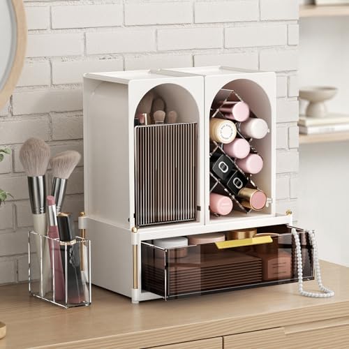INVSSENE Stackable Makeup Organizer Countertop, Storage Perfume Skincare Cosmetic Lipstick Face Mask Makeup Brush Palettes, Ideal for Vanity Bathroom Counter - color: Coffee+White 3515