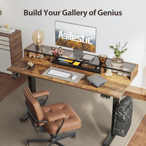 Agilestic Glass Standing Desk with Storage, 48 Inch Electric Adjustable Desk with Glass Shelf and Cable Management, Sit Stand Up Home Office Computer Table, Splice Board, Rustic Brown - color: Glass-rustic Brown, size: 48 x 24 Inches with 2 drawers