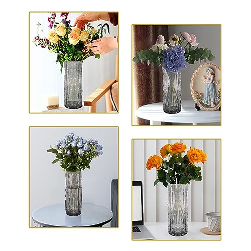 9.8 Inch Black Glass Vase, Glacier Glass Flower Vase, Boho Cylinder Ribbed Vase for Centerpiece, Living Room, Kitchen, Bookshelf, Dinner Table
