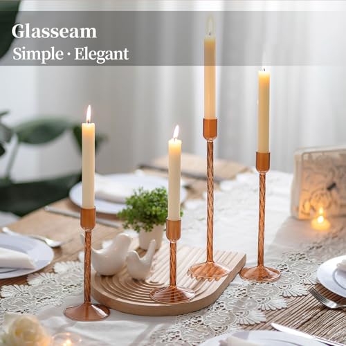 Glasseam Glass Candle Holder Brown: Fall Candle Holders Set of 4 Tall Candle Stick Candle Holder for Tapered Candles Decorative Candle Holders for Table Centerpiece Halloween Thanksgiving Decorations - color: Brown