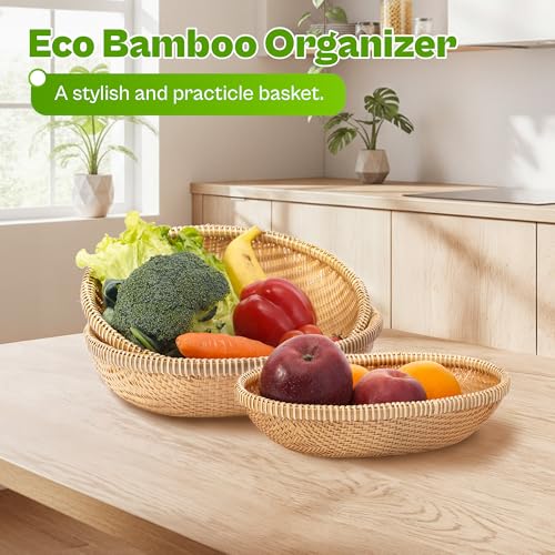 Set of 3 Handwoven Bamboo & Rattan Baskets – Woven Bread Basket & Fruit Bowl for Kitchen Counter, Decorative Wicker Tray for Serving Snacks, Pastries & Table Centerpiece - style: Set of 3 Handwoven Bamboo Baskets – Double Orchid Weave