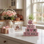 Smile 4 Pcs Mother's day Indoor Wooden Decor, Best Mom In the World Tiered Tray Farmhouse Table Decoration for Home and Office - style: Mothday