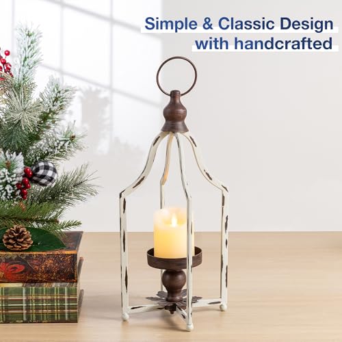 Glitzhome 16.5" H Farmhouse Lanterns Decorative Indoor Outdoor, White Metal Candle Lanterns, Hanging Candle Holder for Fireplace Patio Porch Garden Wedding & Holiday Decor - color: White Small