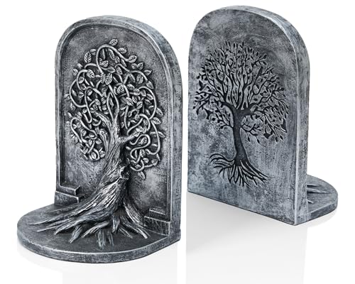 Tree of Life 3D Bookends with Intricate Details, Solid Resin Construction Non-Slip Design, Metallic Silver Decor for Home Library, Office - color: Metallic Silver