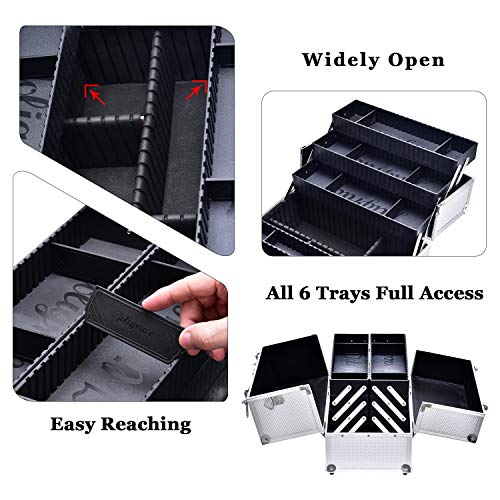 Joligrace Extra Large Makeup Train Case 6 Tray Make Up Artists Organizer Box Lockable Cosmetic Jewelry Toiletries Carrier Crafters Tool Cases with Adjustable Dividers & Shoulder Strap - Silver - color: Silvery White