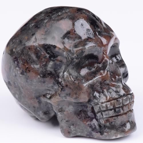 2 Inch Flame Yooperlite Stone Crystal Skulls Decor,Human Skull Sculpture Statues Healing Crystal Decor,Halloween Skull Figurines,Home Office Decoration Christmas Meditation Gifts for Men Women - color: Flame Stone