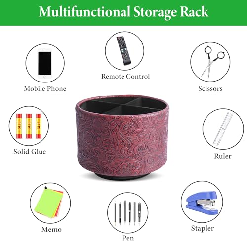 lizimandu Round Leather Art Supply Organizer,Remote Control Holder,360 Degree Spinning,Multi-Functional Pencil Holder,4 Compartments Desktop Stationary Organizer(1-Carved Red) - color: 1-Carved Red