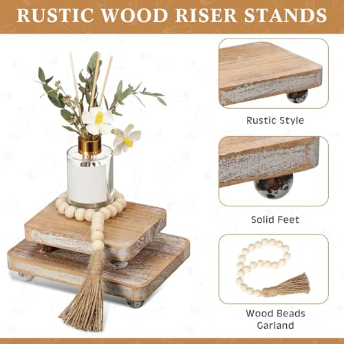 Capoda 3 Pcs Wood Risers for Decor Mini Wooden Pedestal Stands with Wood Bead Garland Farmhouse Vintage Rustic Decor Risers Stackable Kitchen Stand Tray for Home Bathroom Coffee Bar Table