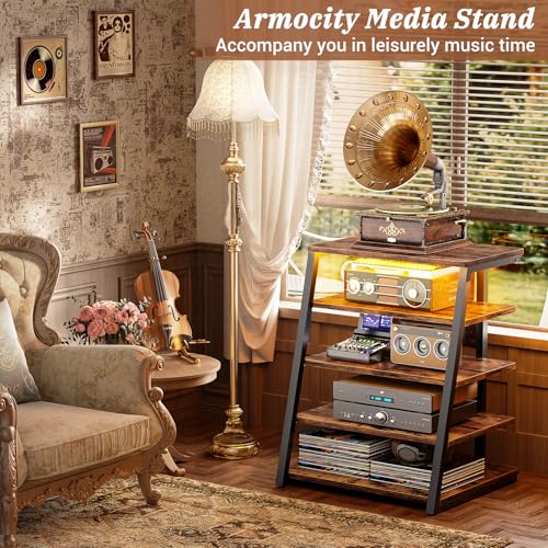 Armocity 5-Tier AV Media Stand with Power Strips, Media Console with LED Lights, Audio Tower Rack with Adjustable Shelves, Stereo Stands and Racks, 40.8'', Rustic Brown - color: Rustic Brown, size: 40" (H)