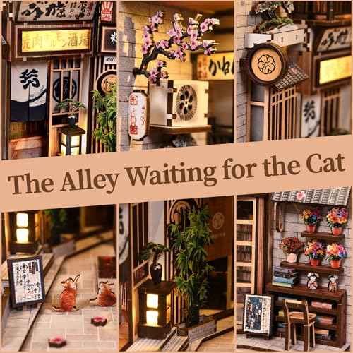 CRIOLPO Book Nook Kits for Adults - DIY Miniature Bookshelf Insert with LED Lights, Creative Craft Book Nook Kits for Adults, Cat Waiting Alley Japanese bookends Gifts for Family Friends Lovers
