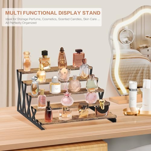 KALYLOC 5 Tier Wooden Display Riser Stand 13.8 Inch Metal Step Perfume Stand Organizer Tabletop Tiered Display Shelf Rack for Cologne Cupcake Spice Figures Cosmetics Candles (Brown, X-Shape) - color: Brown, size: 5 tier-X shape