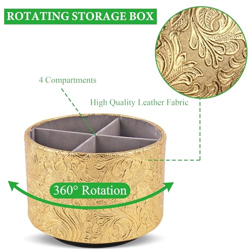 lizimandu Round Leather Art Supply Organizer,Remote Control Holder,360 Degree Spinning,Multi-Functional Pencil Holder,4 Compartments Desktop Stationary Organizer(1-Carved Gold) - color: 1-Carved Gold