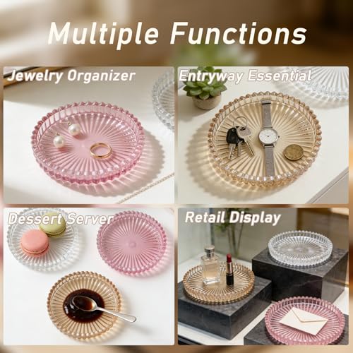 6 Pack Glass Pillar Candle Holder Set，4 Inch Round Candle Plates in Clear Pink Amber, Multi-Color Serrated Edge Display Stand for Wedding Party Table Centerpiece Decor
