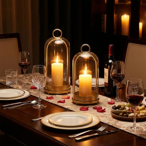 Metal Candle Holder Set (5.3"×11.8" & 3.9"×7.8"), Gold Hurricane Glass Candle Holders for Pillar Candles Wedding Party Table Coffee Table Decor