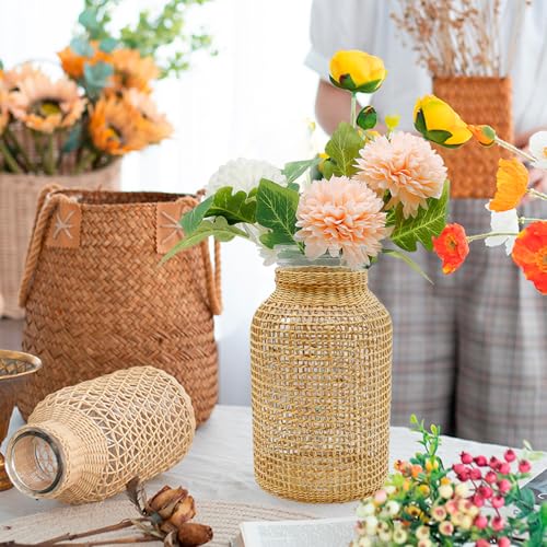MDEOOSKY Straw Woven Glass Vase 10.25''X3.93''X5.52''Boho Glass Flower Vase Country Rustic Style Vase Glass Vase for Floral Arrangements Bottle Height (B Style 10.25IN) - size: 10.25IN