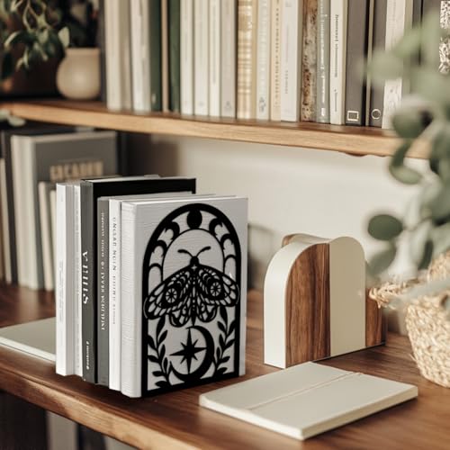 Peacoblue Metal Bookends for Shelves, Modern Decorative Heavy Duty Study Book Support Stoppers for Office, Desk, Shelf, Room 5.3"x4.3"x7.9" Cast Iron Simple Tall Bookends, 1 Pair (Moth) - style: Moth