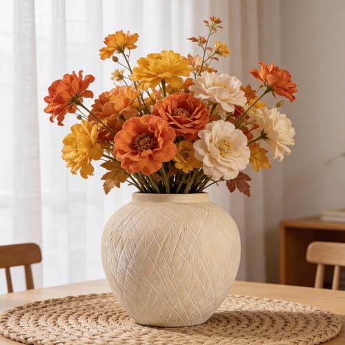Large Carved Rustic Farmhouse Vase Home Decor - 8.8 in Ceramic Boho Decorative Vase for Decor, Round Clay Beige Terracotta Bowl vase for Living Room, Table, Shelf, Centerpieces - style: 03 - Large Rustic Carved Beige