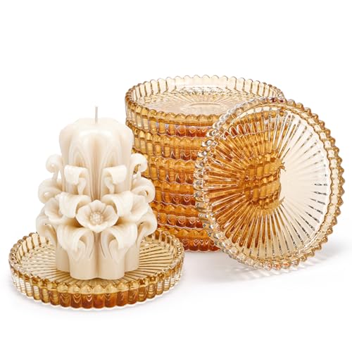 Elsjoy 8 Pack 4 Inch Glass Coasters for Drinks, Amber Tone Modern Clear Coaster Set, Round Crystal Glass Pillar Candle Holder Plates for Table Centerpieces, Home Decor