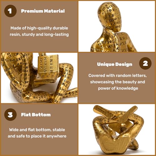 Antique Gold Reading Thinker Statue, Set of 2 Bookshelf Decor Abstract Art Thinker Sculptures, Modern Aesthetic Figurine Home Decoration Ornaments for Living Room Office Shelf Coffee Table Desk Decor - color: Antique Gold