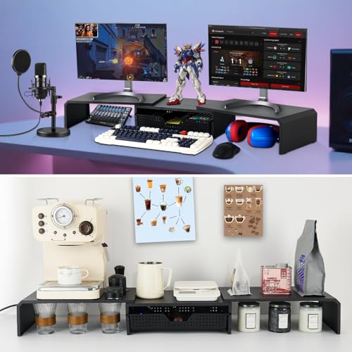 LEKETREE Dual Monitor Stand Riser with Drawer, Computer Stand for Desk, Workspace Desktop Stand, Desk Organizer for Computer, Laptop, TV and More (Black) - color: Black