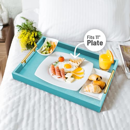 17" x 12" Wood Serving Tray with Gold Polished Metal Handles, Home Decorative Wooden Rectangle Ottoman Leather Decor Platter Bathroom Vanity Tray for All Occasions Blue - color: Blue