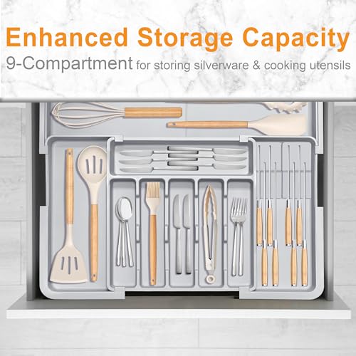 Silverware Drawer Organizer for Kitchen, Adjustable Utensil Drawer Organizer with 2 Knife Block, BPA Free Flatware and Cutlery Holder, Expandable Plastic Storage for Spoons Forks Knives(Grey) - color: Grey