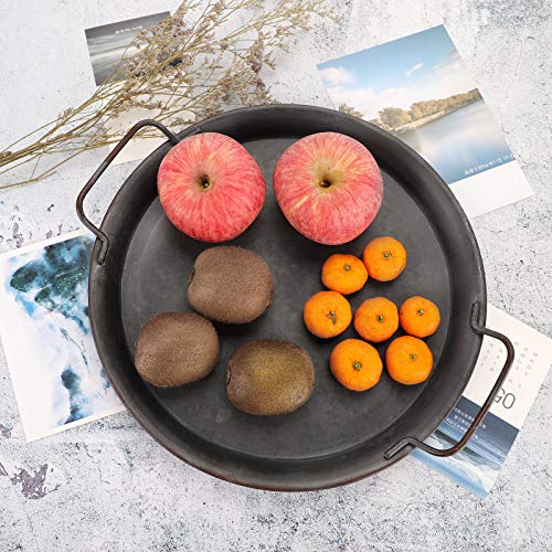 Hipiwe Industrial Style Metal Iron Tray Galvanized Serving Tray for Coffee Table, Home Decorative Centerpiece Tray Rustic Breakfast Serving Tray with Handles (Round) - style: Round