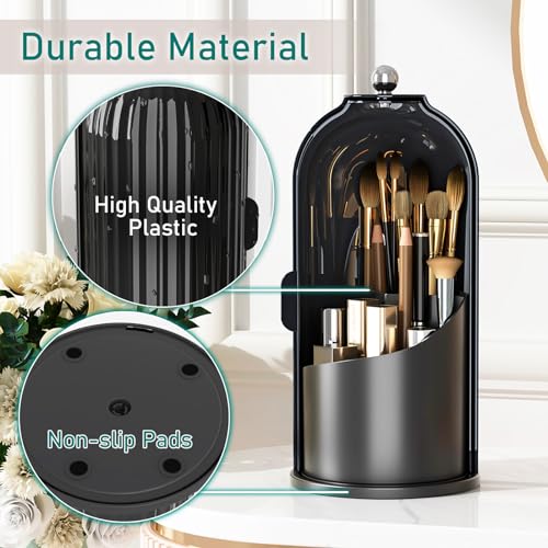 GAXmi Makeup Brush Holder with Lid Cosmetic Tools Organizer 360 Rotating Waterproof Dustproof Beauty Brushes Storage for Vanity, Dark Black - color: Dark Black