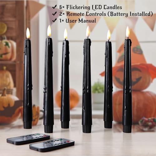 Stmarry Black Flameless Taper Candles with Remote and Timer - 9.65 Inch Real Wax LED Candlesticks - Wax Drip Battery Operated Halloween Taper Candles with 3D Flickering Flame Halloween Decor, 6 Pack - color: Black, size: 6 Pack