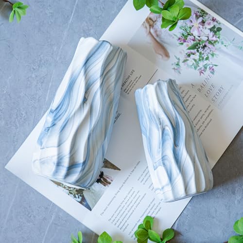 Blue Vases for Home Decor, Decorative Striped Flower Vase, White vases for Table Centerpieces, Light Blue Coastal Vase Set of 2, Ceramic Decoration for Living Room - color: Blue Marble