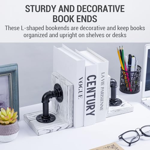 MyGift Decorative Bookends, Office Book Ends for Shelves, Book Holder L-Shaped Stand Desktop, Whitewashed Solid Wood with Realistic Industrial Pipe Design - color: White Washed