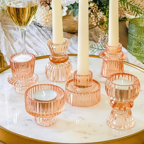 Kate Aspen Glass Taper Candle Holder Set of 6 - Rose Gold Ribbed Vintage Candlestick Votive Pillar Decorative Centerpiece for Dining Table Shelf Decor - color: Rose Gold