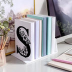 Peacoblue Metal Bookends for Shelves, Modern Decorative Heavy Duty Study Book Ends Stoppers for Office, Desk, Shelf, Room 5.3"x4.3"x7.1" Cast Iron Simple Tall Bookends 1 Pair (Letter S with Flower) - style: Letter S with Flower