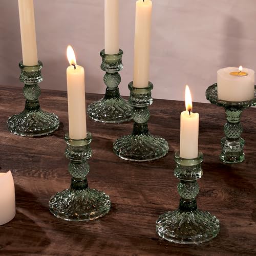 12Pcs Green Candlestick Holders Set- 4" H Taper Candle Holders Bulk, Glass Candle Holders for Wedding, Party, Romantic Dinner Table Centerpieces, Festival Gifts & Windowsill Decor - color: Green Dimond Pattern