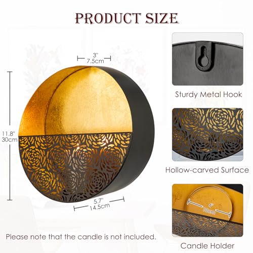 Luxury Metal Wall Candle Sconces – Large Handcrafted Wall-Mounted Tealight Candle Holders with Gold Leaf Interior – Modern & Rustic Home Décor for Living Room, Hallway – 11.8" Black Single Piece - color: Black - Cut Outs, size: Large