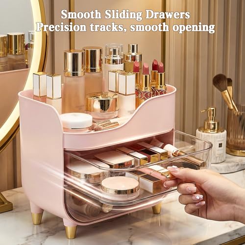 Makeup Organizer for Vanity with Large Smooth Drawers Extra Large Skincare Organizer for Bathroom Countertop and Dresser, Crystal Clear Cosmetic Storage Display Case for Beauty Products - color: Pink