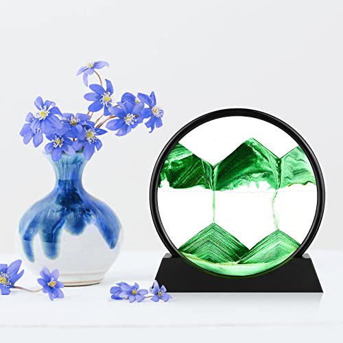 Herecanli Moving Sand Art Picture - 3D Quicksand Painting Decor - Round Glass 3D Deep Sea Sandscape - Relaxing Decoration for Home,Office,Desk,Mantle,Bookshelf,Room- (Green, 12 in) - color: Green, size: 12"