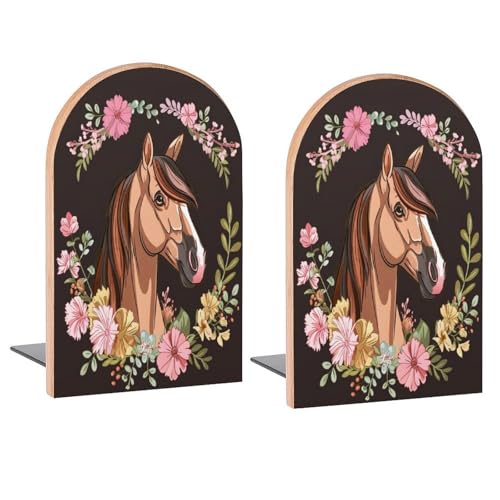 Cartoon Brown Horse Head Book Ends Decorative Wood Bookends for Shelves Kids Room Desk Home Office Book Stoppers for Books, DVDs, 1 Pair/2 Pieces(5x3.1 in) - color: Brown Horse Head